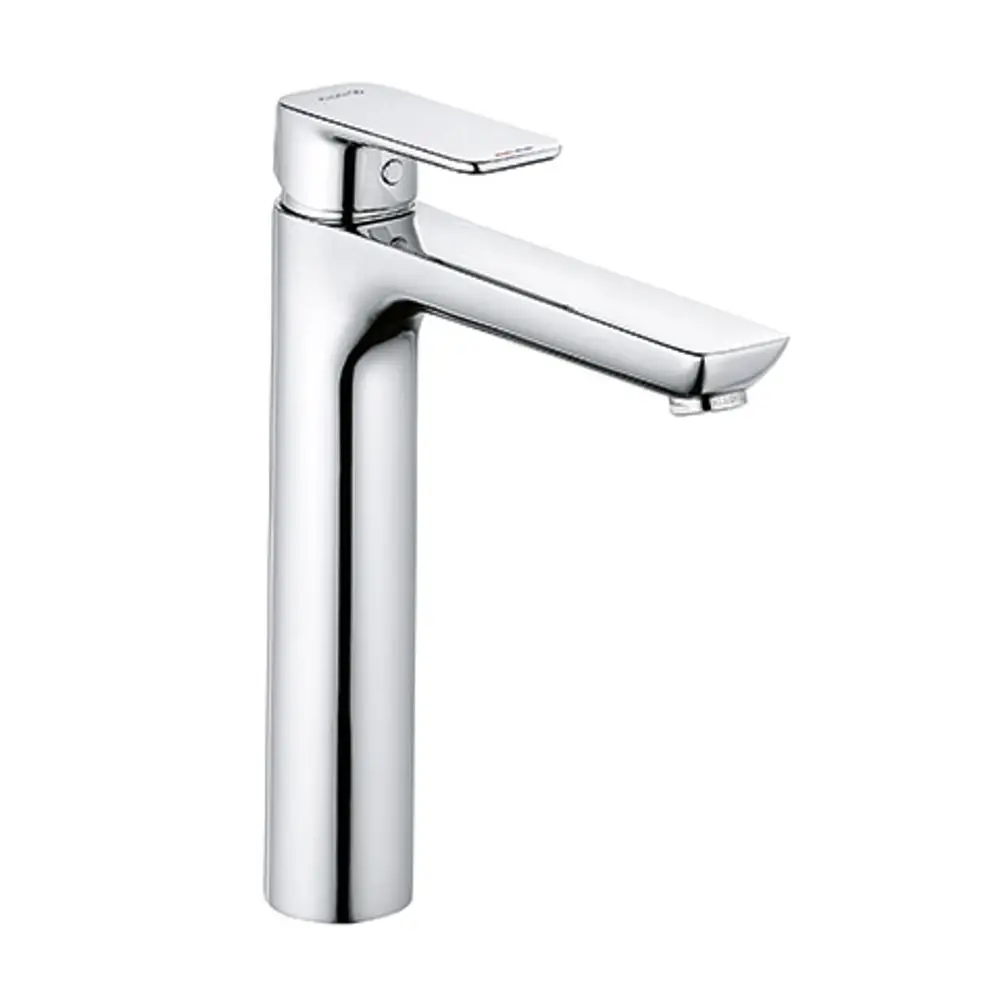Waschtischarmatur in Chrom-Finish von Kludi. Schlanker, gerader Auslauf und flache Bedienhebel oben für einfache Handhabung.